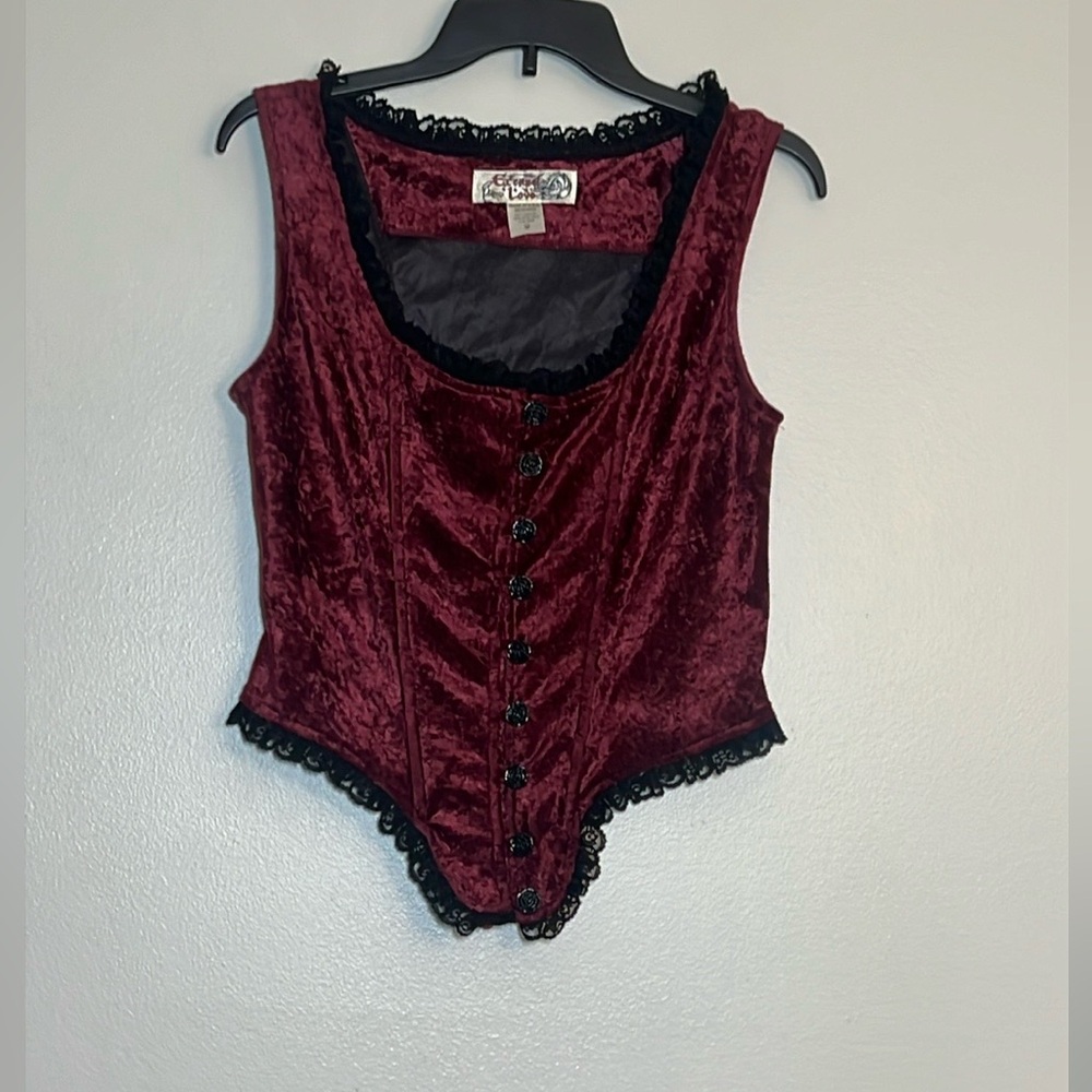 Eternal Love Crushed Velvet Lace Trim Y2K Burgundy Red Corset Medium